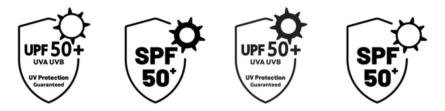 UPF SPF symbol Icon sign set vector collection in black and white flat shield to protect skin from heat, sun burn due to sunlight in summer for better health care. Anti uv ray radiation sticker web ui