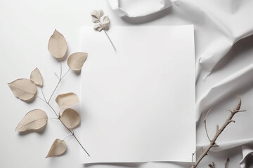 Graphic resources, hobbies and leisure concept. Top view of white blank sheet paper mockup with copy space placed on table and surrounded some plants or flowers - obrazy, fototapety, plakaty