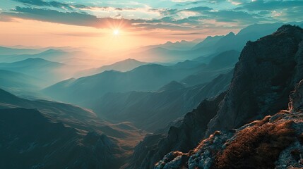 The sun is rising on a mountain range