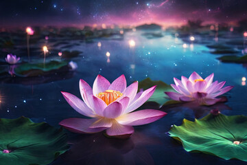 Neuron lotus oasis. Dreamy blooms illuminated by starlit nebulae sky, reflecting on tranquil waters. Surreal beauty in nature's embrace.
