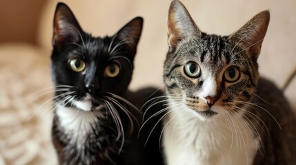 Two cats pose on a plain beige background