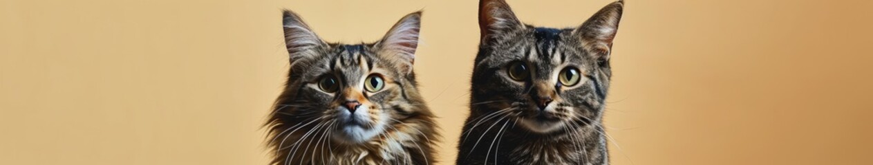 Fototapeta premium Two cats standing up against a simple beige background