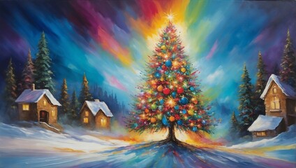 Naklejka premium Oil painting Christmas tree artwork. Hand drawn oil painting. Christmas art background. Oil painting on canvas. Modern Contemporary art 