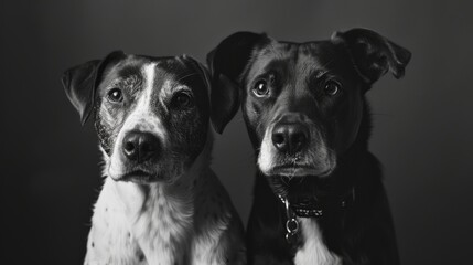 Two dogs pose against a plain background.