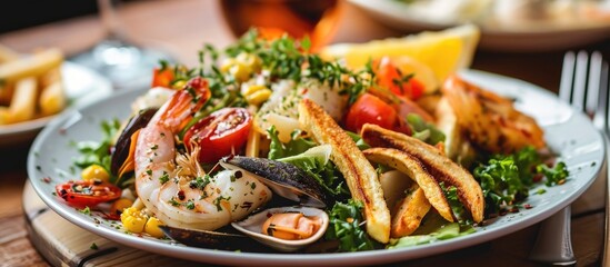 Salad with seafood and French fries. - obrazy, fototapety, plakaty