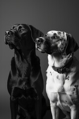 Two dogs standing up against a simple background