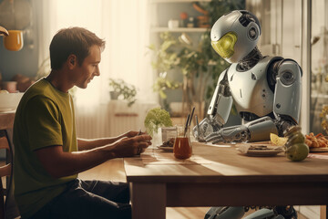 Home interior view with young man sitting at the table with domestic robot IA eating together like friend. Concept of future lifestyle for people. Technology and next generation. Sunlight outside - obrazy, fototapety, plakaty