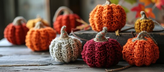 Handmade fabric pumpkins for autumn decor on wooden table, giving off fall vibes.