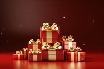 3d render of red gift boxes with golden bows on red background, Ai Generated