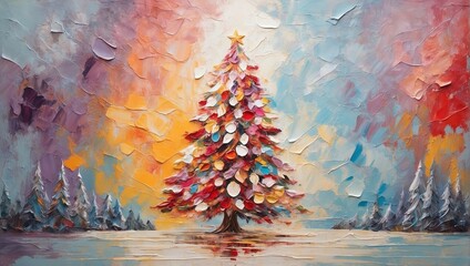 Obraz na płótnie Canvas Oil painting Christmas tree artwork. Hand drawn oil painting. Christmas art background. Oil painting on canvas. Modern Contemporary art 