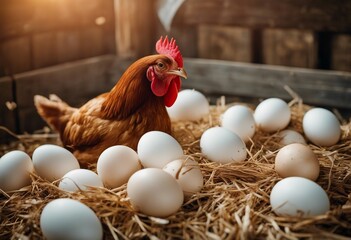 Chicken hatching eggs in straw nest in chicken coop Agriculture and farming concept