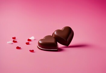 Chocolate heart shaped candies on pink background with copy space Valentines Day celebration