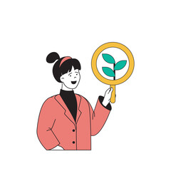 Ecology concept with cartoon people in flat design for web. Woman with magnifier doing scientific botanical researches of plants. Vector illustration for social media banner, marketing material.
