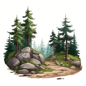 Rocky path through pine forest
