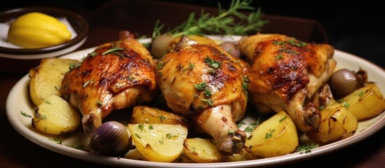 Chicken leg quarters and boiled potatoes with garlic roasting