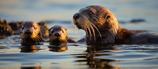 California coast showcases otter parent teaching pup to crack open mussels near Carmel. - obrazy, fototapety, plakaty