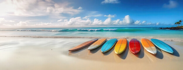 Multiple coloured surfboards lined up on a white sandy beach against a backdrop of crystal-clear ocean waves and blue sky. Water activities during vacation.