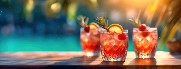 Tropical Sunset Drinks with Lush Background. Three vibrant cocktails with tropical garnishes served...