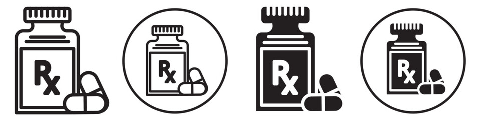 RX symbol icon set collection for web app ui. Round sign of pills pharma for medicine drugs or supplements mark. Flat vitamin bottle with tablet in container