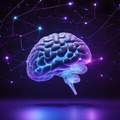 3d rendering of a human brain on a dark background with blue and purple lights. The brain is surrounded by a network of glowing lines.