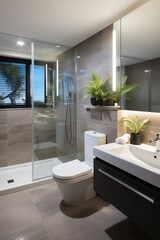 Fototapeta premium Modern bathroom interior with large shower and plants