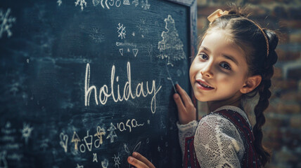 Girl with blackboard and quotes on blackboard text "holiday"