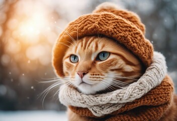 Funny ginger cat in in a warm knitted hat and scarf on a winter day with copy space