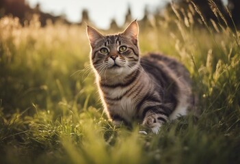 Naklejka na ściany i meble Funny tabby cat with its front paw raised sitting in the grass copy space