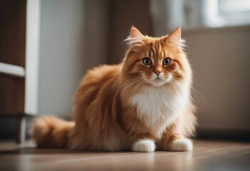 Ginger British longhair cat sitting on the floor and looking surprised Cute and fluffy pet