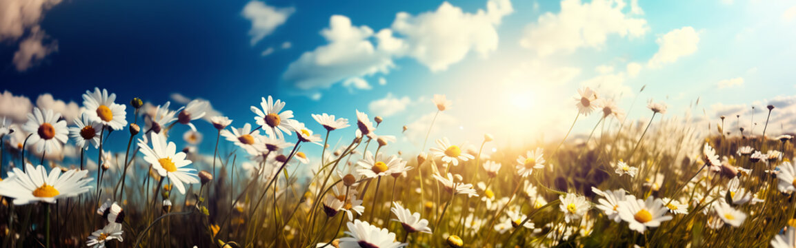 Field of daisies on the background of blue sky with clouds. Spring nature background. Panoramic image.