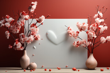 Valentine's Day greeting card mockup with hearts, flowers and blank frame for your words of love