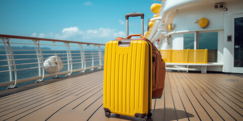 Yellow plastic travel suitcase on the deck of luxury cruise ship in the ocean. Summer vacation and tourism concept.