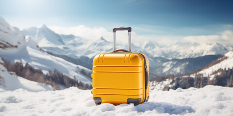 Hand luggage yellow plastic travel suitcase on the snow with snowy mountains on the background. Winter vacation and tourism poster concept.