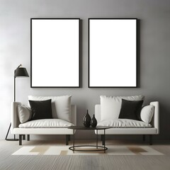 2 mockups empty, blank poster frame, sitting on top of a sofa, contemporary style living room