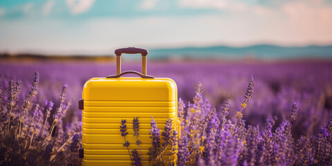 Yellow plastic travel suitcase on a floral lavender field background. Spring vacation and tourism poster concept.