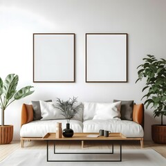 2 mockups empty, blank poster frame, sitting on top of a sofa, contemporary style living room