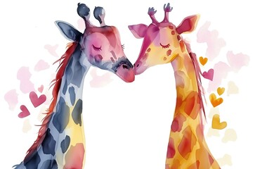 Two giraffes with their necks entwined, surrounded by a flurry of hearts in a watercolor painting, ideal for Valentine's Day themes and love-related designs. High quality illustration