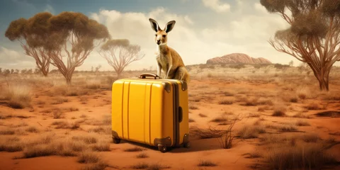 Poster Yellow plastic travel suitcase and kangaroo on bush desert background. Summer vacation and tourism concept. © OleksandrZastrozhnov