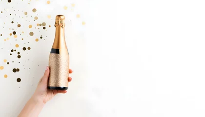 Fotobehang Champagne bottle with confetti stars and party streamers on white festive background. Christmas, birthday or wedding concept © Oleksiy