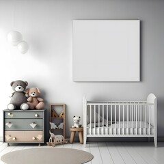 Mockup empty, blank canvas at a ratio of 3 2, sitting at an angle over a crib, fun child nursery, contemporary style nursery