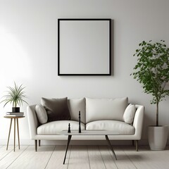 Mockup small sized empty, blank poster frame, sitting on top of a sofa, contemporary style living room