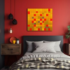 mockup of an empty, small square blank poster in a bedroom, ray tracing