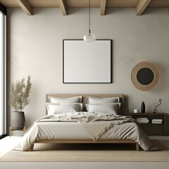 a photo realistic image of a bedroom with an empty frame hanging on the wall with a neutral wall,...
