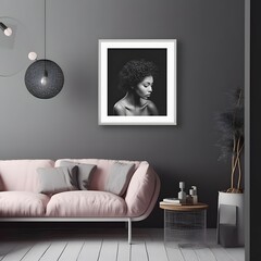 a photo realistic image of a grey scale colour scheme cute living room with a black empty picture frame hanging on the wall which is horizontal 12 16
