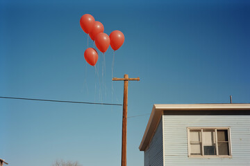 Red balloon in the sky - film photo.