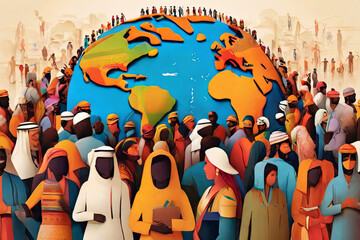 Diverse global population. Cultures, ages blend in unity. World Population Day concept showcasing richness in diversity. - obrazy, fototapety, plakaty