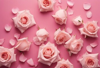 Light pink roses and petals on pink background with copy space top view Flower composition