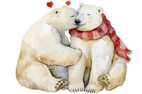 Watercolor illustration of two polar bears in an embrace, with hearts floating above, suitable for seasonal greetings and Valentine's Day cards. High quality illustration