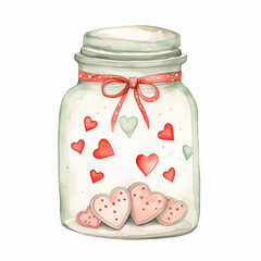 Depiction of a jar with heart illustrations and a dotted red ribbon, rendered in watercolor, ideal for Valentine's Day cards and love-themed projects. High quality illustration