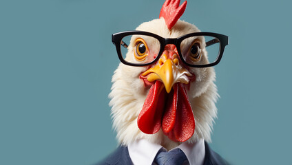 Cute rooster in glasses and a business suit banner